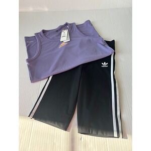 Adidas Aeroready THREE STRIPE black BIKER SHORTS Tank Top outfit Purple XS/S NWT